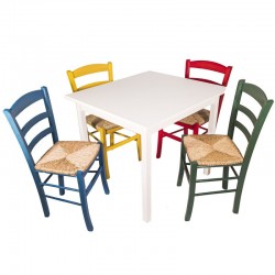 Set tavolo bianco 80×90 cm + 4 sedie paesana paglia colorate