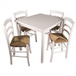 Set Tavolo Bianco fisso 80×80 cm + 4 Sedie Paesana Paglia Bianche