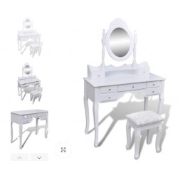 Tavolo da Trucco con Specchio e Sgabello 7 Cassetti Bianco